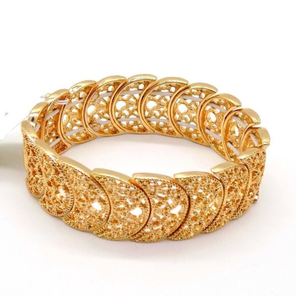 1928 Lacy Bracelet Gold-Tone Half Circle Filigree Stretch - Picture 1 of 6